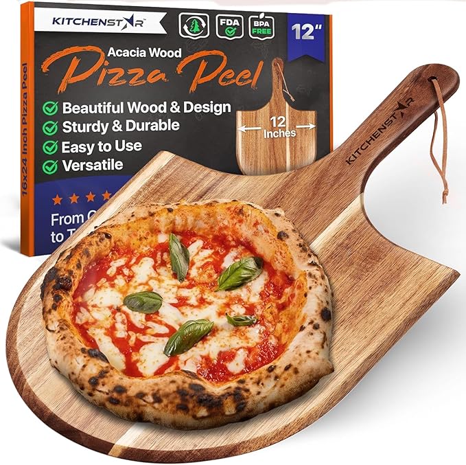 KitchenStar 12-Inch Acacia Wood Pizza Peel – Wooden Cutting & Serving Board with Handle & Hanging Loop – Natural Oil Finish – Ideal Pizza Oven Accessory for Easy Sliding & Prep