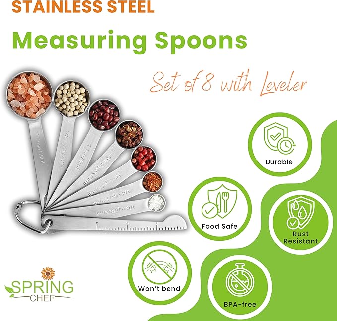 Spring Chef Stainless Steel Measuring Spoons Set of 8 with Leveler, Round Metal Teaspoon & Tablespoon Measuring Spoons - Nesting Kitchen Gadgets For Baking & Cooking, Dry & Liquid Ingredients