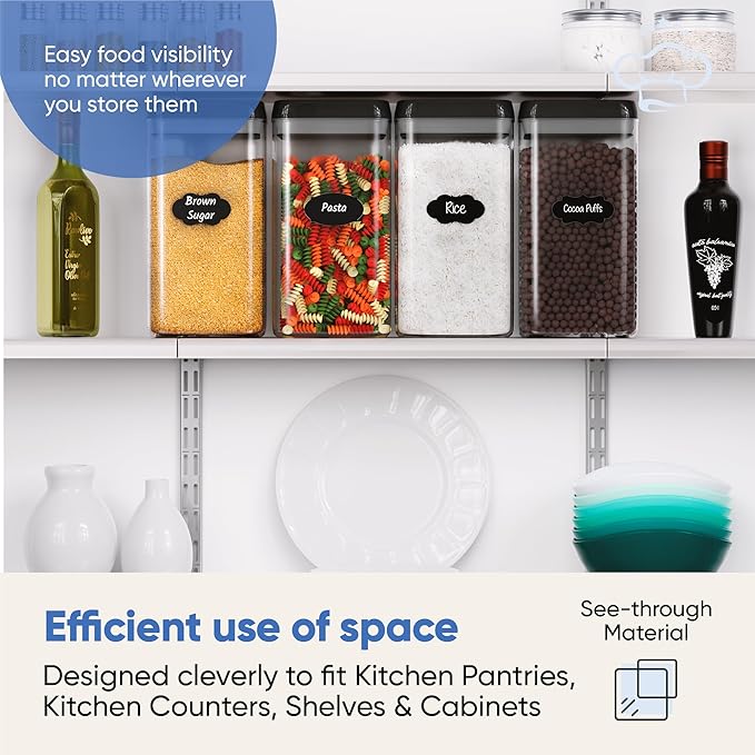 Chef's Path Airtight Food Storage Boxes with Labels - Kitchen Storage - Flour, Cereal, Pasta - Plastic Storage Boxes with Lids (4pcs-3.2L)