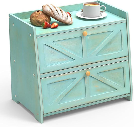Vintage Double Layer Bread Box for Kitchen Counter Bamboo Bread Storage Container Large Capacity Bread Storage Bin (Antique Blue)