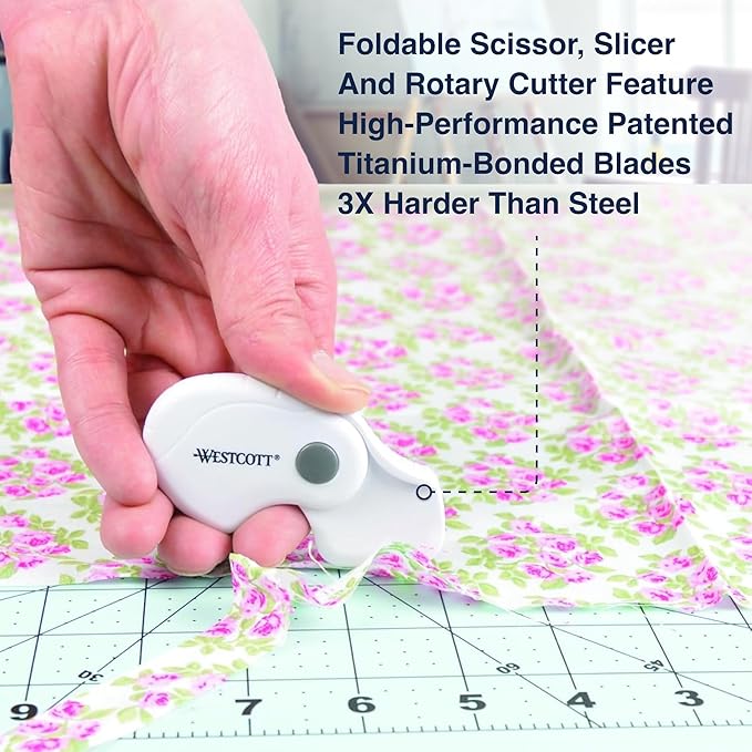 Westcott Titanium-Bonded Mini 3-Piece Travel Set - Folding Scissors for Fabric and Paper, Slicer & Rotary Cutter for Fabric