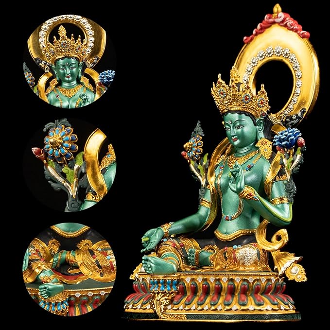 Buddha Statue Indoor, Green Tara Buda Sculpture for Home Decor, Hand-Painted Colored Buddhist Budda, Nepalese Craft Handmade Tibetan Buddhism Meditation Copper, 5.51"