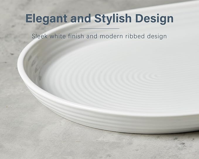ONEMORE 16 Inch Ceramic Serving Plates for Entertaining, Set of 2 Large Oval Dinner Plates- Dishwasher Oven Safe Serving Tray for Food Meat Fish Parties- Porcelain Thanksgiving Turkey Platters - White