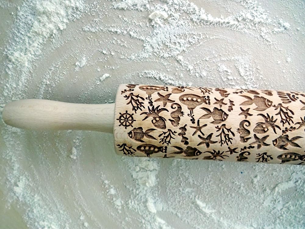 DEEP OCEAN EMBOSSING ROLLING PIN LASER ENGRAVED WITH DEEP OCEAN SYMBOLS GIFT FOR FRIEND