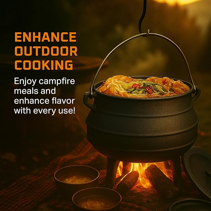 Bruntmor Pre-Seasoned Cast Iron Cauldron - 6 Quart African Potjie Pot with Lid - 3-Legged Dutch Oven for Camping and Over-the-Fire Cooking - Durable Outdoor Cookware for Stews, Chili, and Slow Cooking