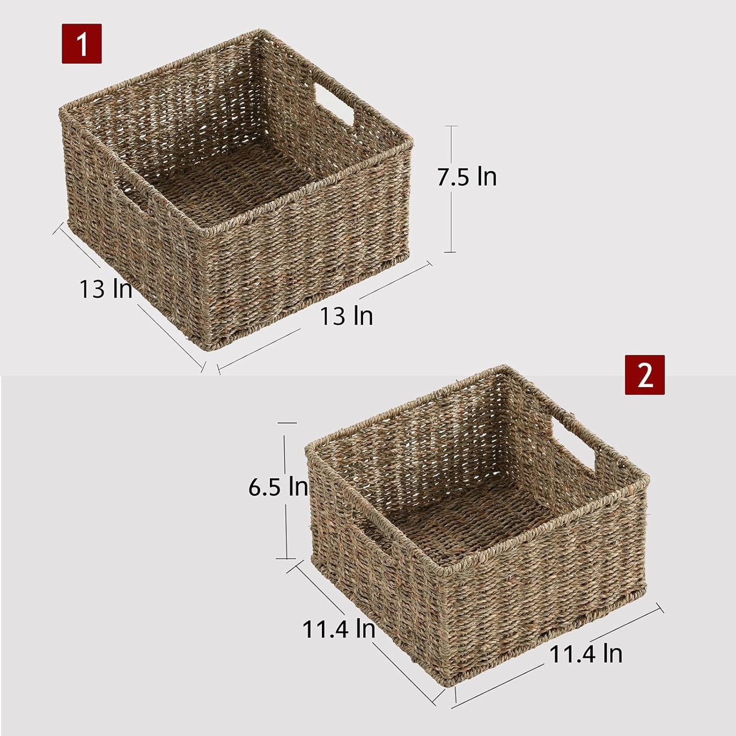 HOONEX Wicker Storage Baskets for Organizing, Decorative Woven Seagrass Baskets for Storage with Carrying Handles, Set of 2, Natural