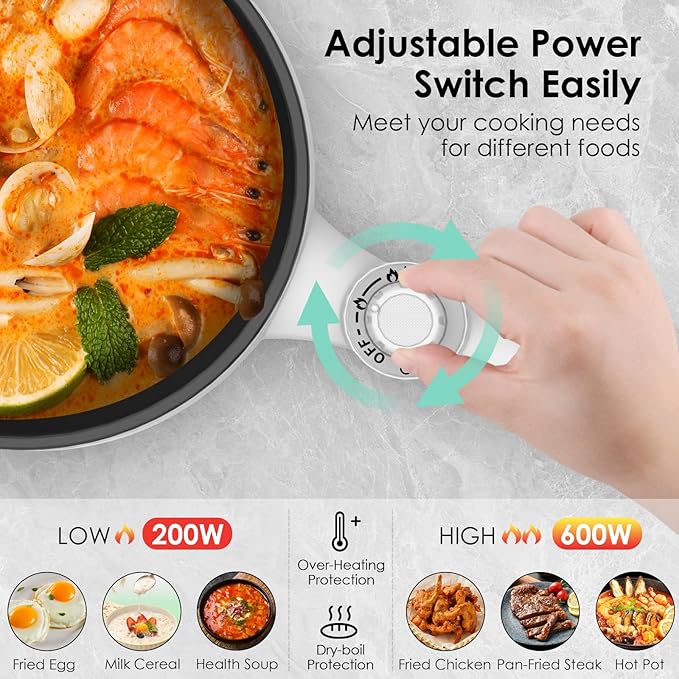 Audecook Hot Pot Electric, 1.7L Mini Electric Skillet Portable Nonstick Sauté Pan with Power Adjustment,Ramen Cooker Travel Multicooker for Steak/Soup/Egg/Oatmeal/Noodles