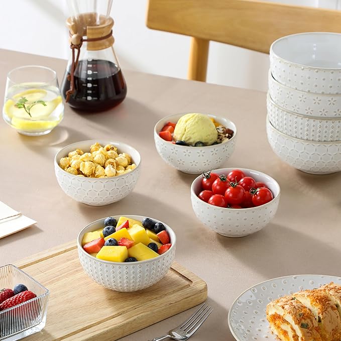 MALACASA Small Bowls, 14 Ounce Ice Cream Bowl, Stoneware Dessert Bowls Set of 4 with Embossment for Snack, Chip, Fruits, Side Dishes - 4.5 Inch, Arctic White Series LYDIA