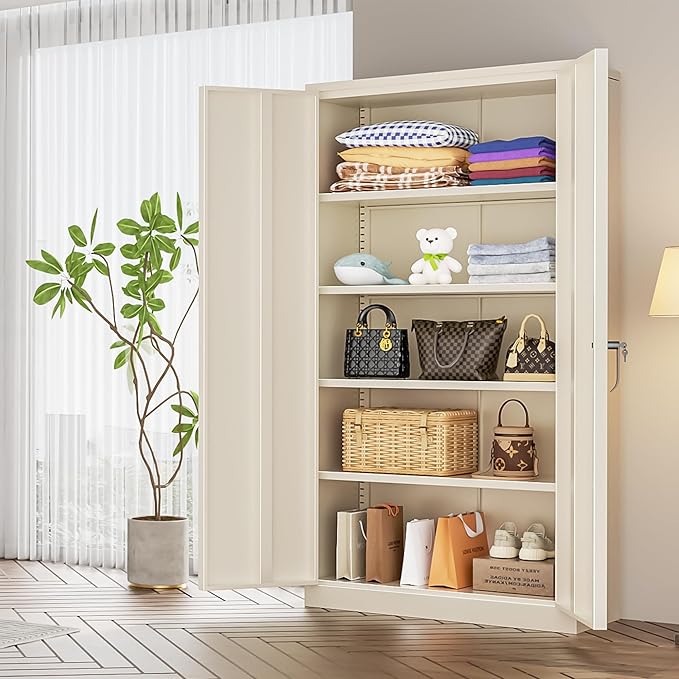 INTERGREAT Metal Garage Storage Cabinet, Black Lockable File Cabinet with 2 Doors and 4 Adjustable Shelves, Tall Steel Tool Cabinets for Office, Home, Garage, School, Gym