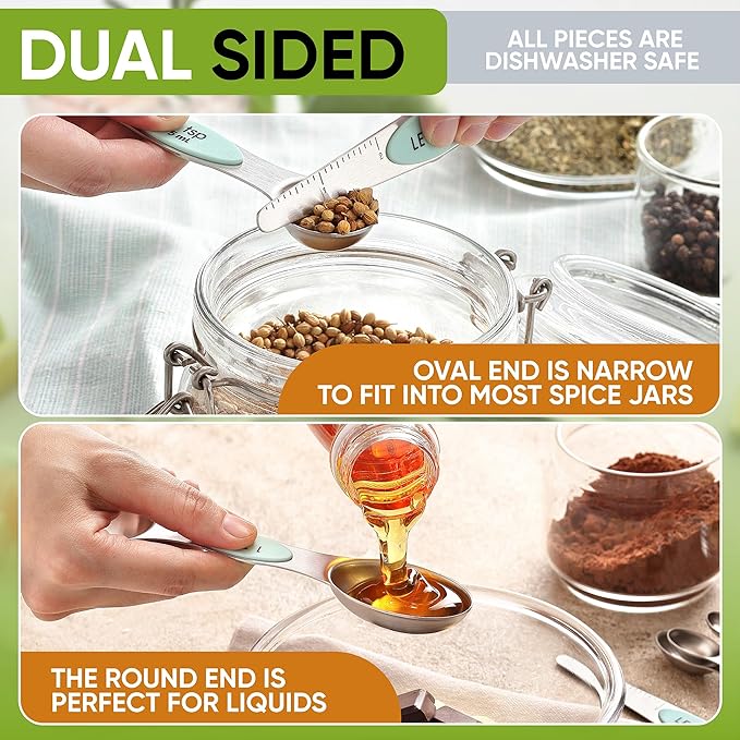 Spring Chef Magnetic Measuring Cups & Spoons Set (Patent Pending), Strong N45 Magnets, Heavy Duty Stainless Steel Fits in Spice Jars for Baking & Cooking, BPA Free, Round Set of 15 with Leveler, Mint