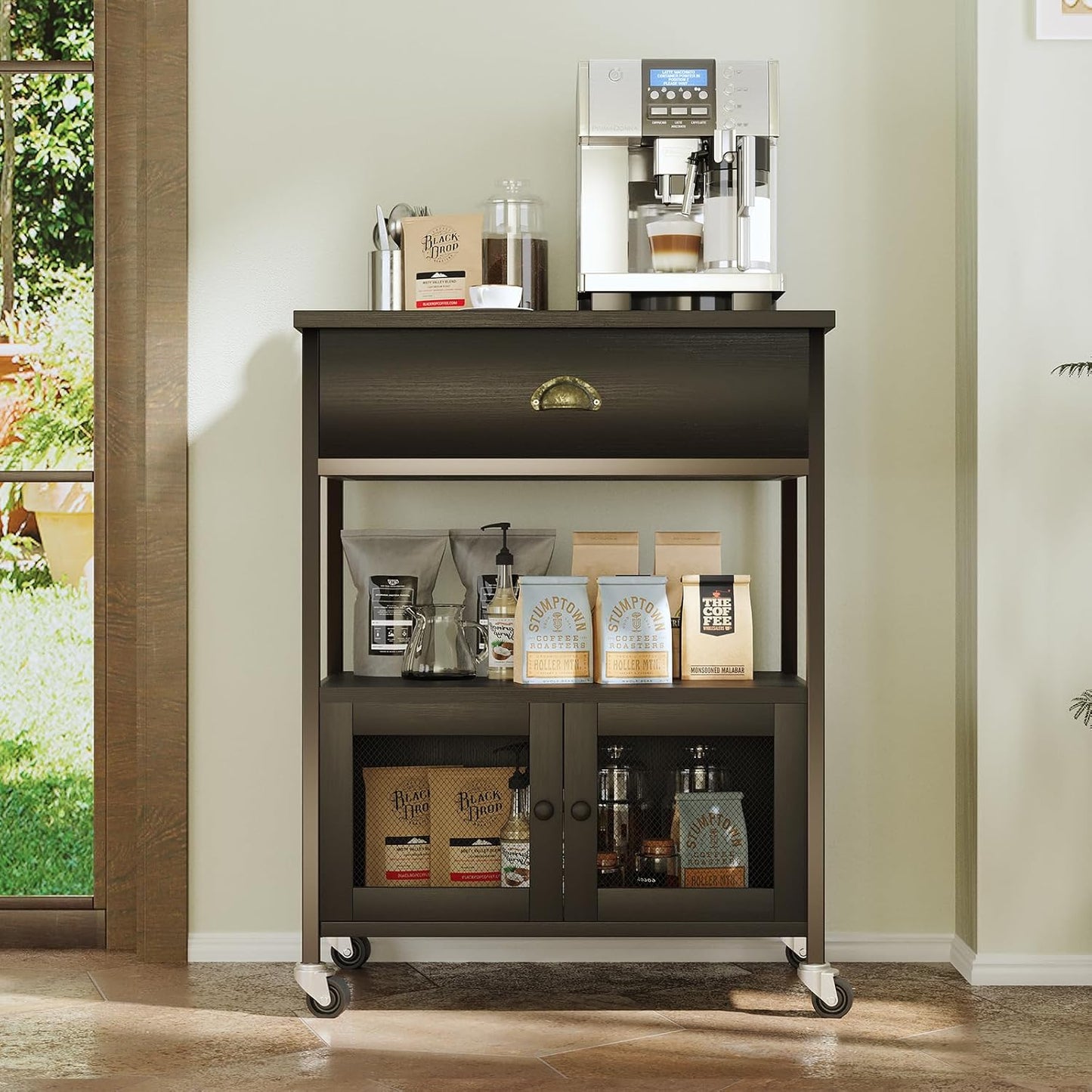 Coffee Cart Station with Storage Drawer, Small Microwave Stand with Storage Cabinet, Coffee Stand Station, Rolling Island Cart for Living Room, Dining Room, Kitchen, Black