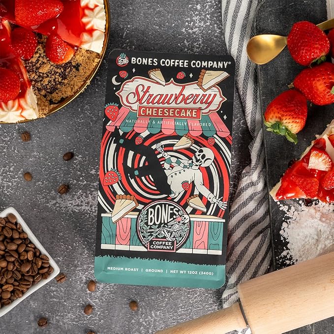 Bones Coffee Company Strawberry Cheesecake Flavored Coffee, Medium Roast Low Acid Arabica Beans Compatible with Auto drip and French Press Coffee Maker, 12 Oz Whole Bean