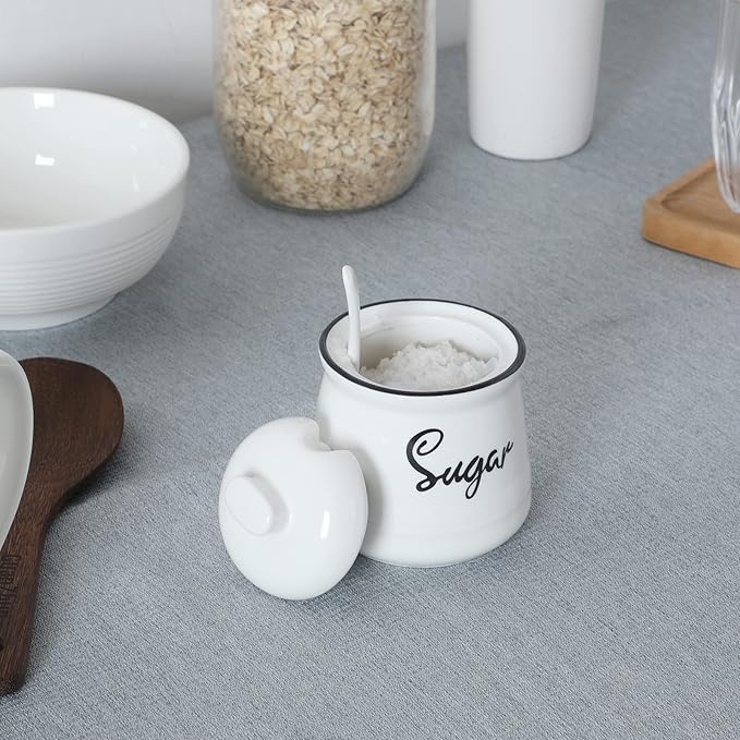 HAOTOP Farmhouse Porcelain Sugar Bowl with Lid and Spoon 12oz,Easy to Clean (White)