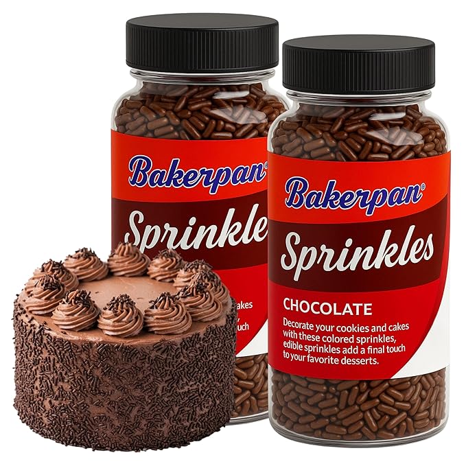 Bakerpan Chocolate Sprinkles for Cake Decorating - 2 Bottles of 4.3 Ounces Chocolate Jimmies Sprinkles for Ice Cream, Baking, Cupcakes, Cookies (Made in USA)