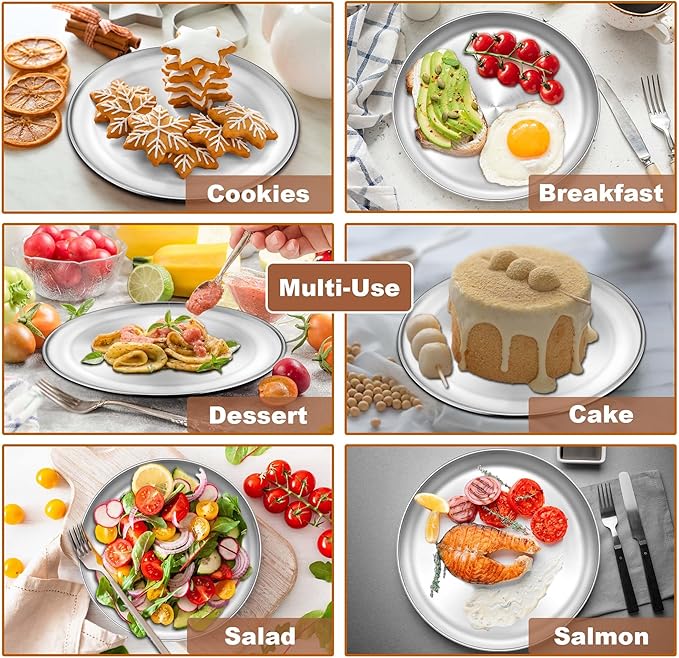 TeamFar 9 Inch Pizza Pan Set of 4, Stainless Steel Small Pizza Pie Trays, Metal Round Pizza Dish Plates for Oven Bakeware Baking Cooking Serving, Non-Toxic & Heavy Duty, Stackable & Dishwasher Safe