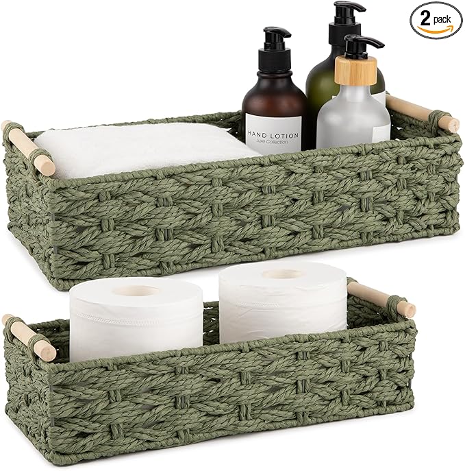 OIAHOMY Toilet Paper Baskets Handmade Paper Rope Decorative Wicker Storage Tank Shelf Cabinet Organizer for Bathroom Home, Set of 2, Green