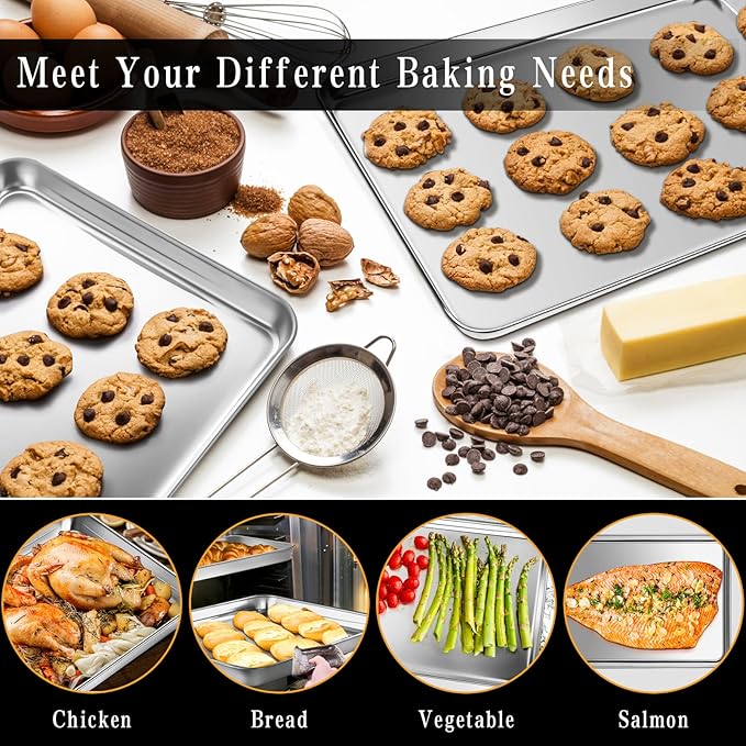 Stainless Steel Baking Sheet Set, 2 Pcs Quarter Cookie Sheet Pan Baking Trays for Oven, Non Stick and Heavy Duty and Easy Clean, 12.4 x 9.6 x 1 Inch