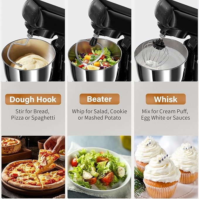 Stand Mixer with 3QT+3.5QT Dual Bowls, 10-Speed Electric 300W Food Mixer - Includes Egg Whisk, Dough Hook & Flat Beater for Home Baking & Daily Cooking (Black)