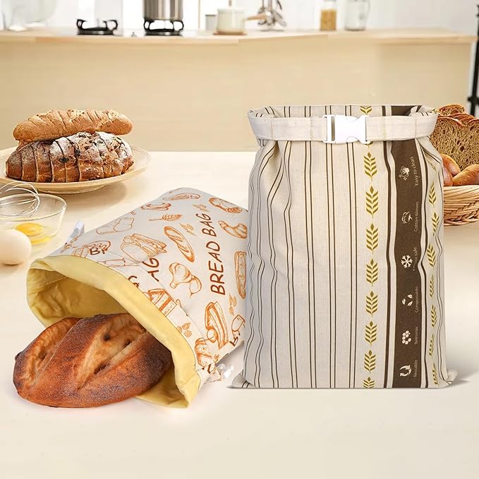2 Pack Beeswax Bread Bags - Large Reusable Cotton Linen Food Storage Covers for Sourdough & Homemade Bread, Waxed Bags Keep Bread Fresh, Proofing Bag Freezer-Safe, Easy Clean
