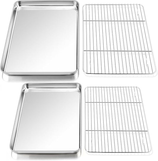 P&P CHEF 16 + 12.5 Inch Stainless Steel Baking Sheet with Rack Set (2 Pans+ 2 Racks), Cookie Sheets Baking Trays and Cooling Wire Racks, Oven & Dishwasher Safe, Pans with Flat Racks