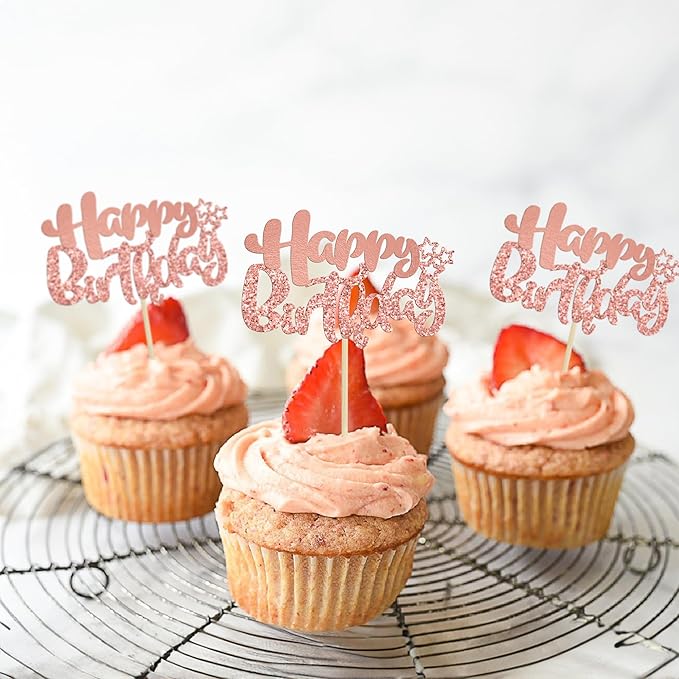 Ephlyn 24Pcs Rose Gold Happy Birthday Cupcake Toppers for Baby Shower, Kids, Boys, Girls Birthday & Anniversary Parties