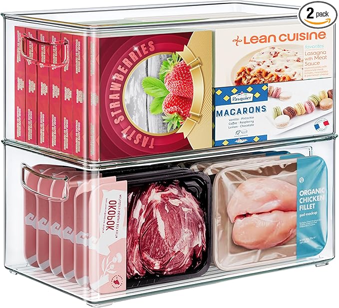 2 Pack Clear Freezer Organizer Bins Stackable Storage Bins with Side Handles for Kitchen Pantry Cabinet Organzation and Storage