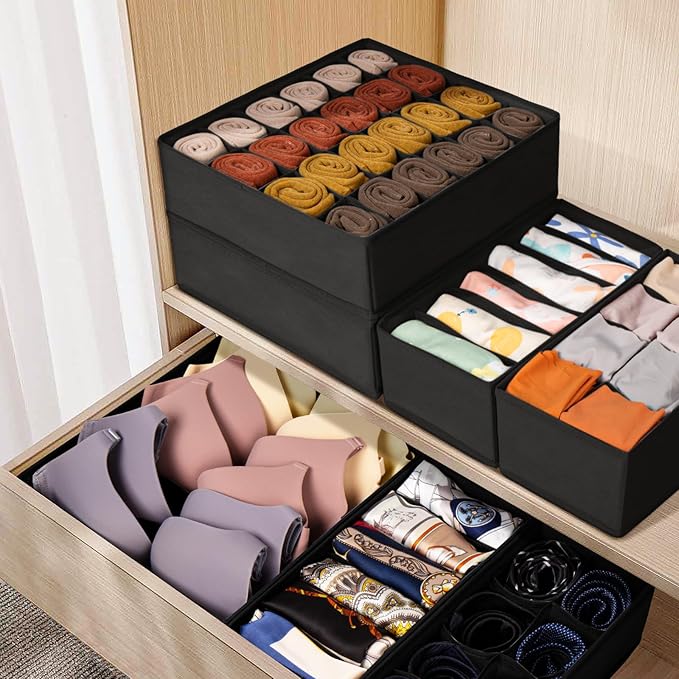 Drawer Organizer Clothes, 16 Pack Dresser Organizer Bins for Baby Clothes, Underwear Sock, Fabric Closet Organization and Storage Dividers for Nursery Bedroom (96 Compartments, Black)