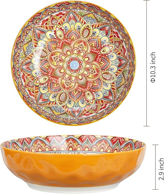 75 Oz Serving Bowls,Bohemian Style Large Porcelain Dishes for Entertaining Parties,Big Bowls for Eating Soup, Salad, Pasta, Fruit, Chips, 10.3 Inch Diameter (orange)