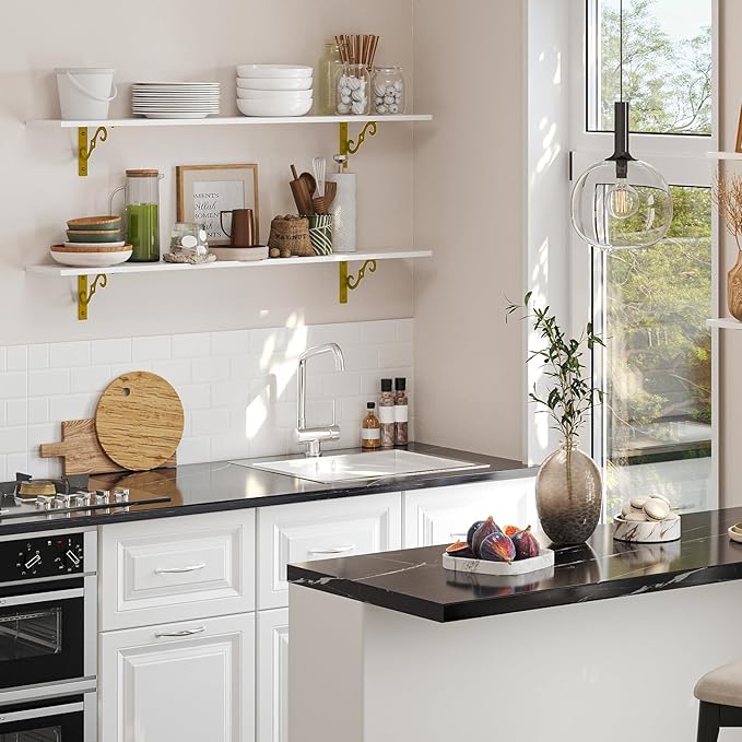 DINZI LVJ Long Wall Shelves, 39.4" Wall Mounted Shelves Set of 4, Wide Floating Shelf with Metal Brackets, for Living Room, Bathroom, Bedroom, Kitchen, Office, White and Gold