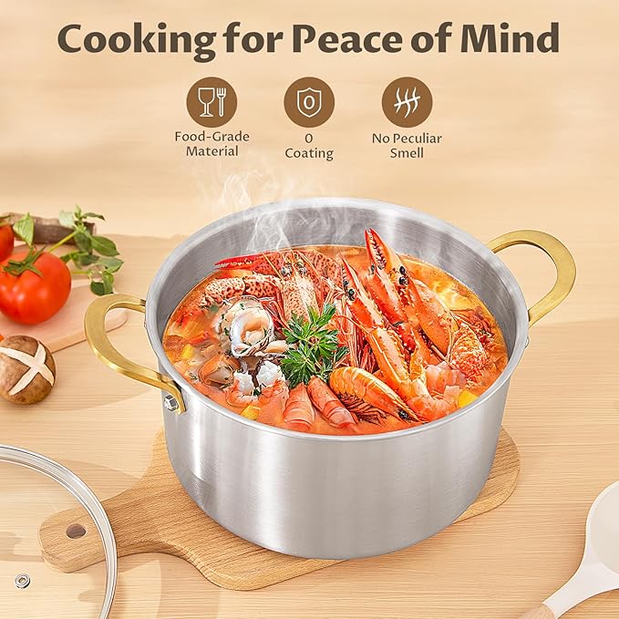 BEZIA 6 Quart Tri-Ply Stainless Steel Stockpot，Even Heat Distribution, Cooking Pot With Sturdy Handles, Oven-Safe Up to 500°F, Compatible with All Cooktops, Perfect for Soups & Stews, Silver