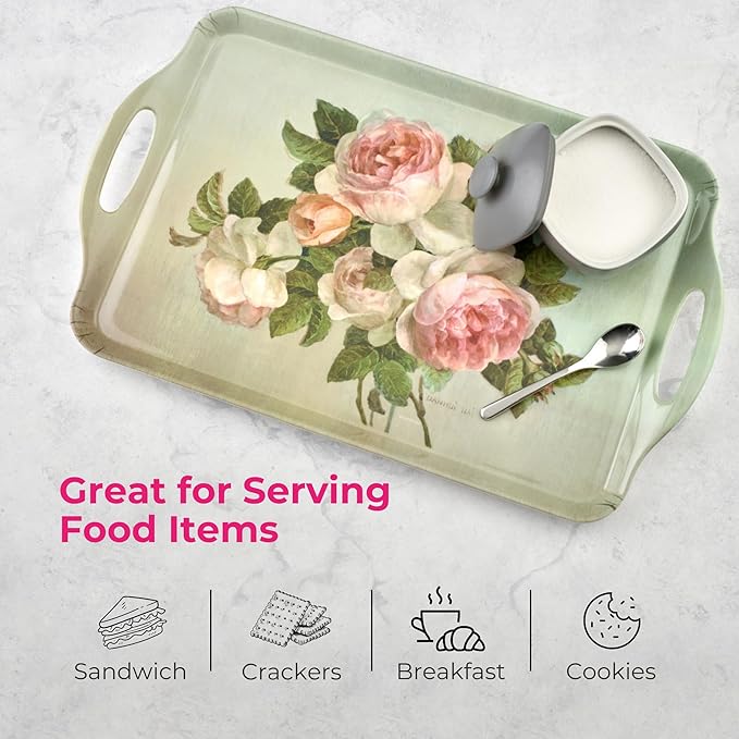 Pimpernel Antique Roses Large Handled Tray - Durable Melamine Serveware with Handles - Dishwasher-Safe Floral Decorative Centerpiece - 18.9" x 11.6" Elegant Tray for Entertaining Guests