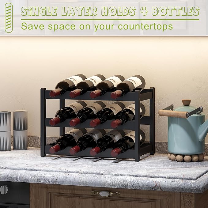 BMOSU Bamboo Wine Rack Wine Storage Cabinet Shelf 12 Bottle Wine Racks Countertop Sturdy for Kitchen Dining Room Pantry - 3 Tiers Wine Rack (Black)