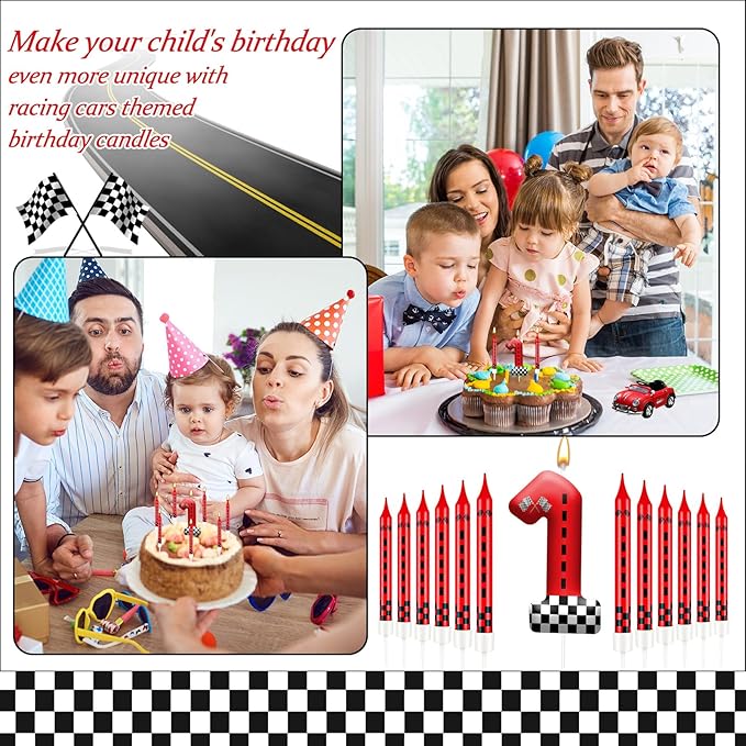 13PCS Racing Car Theme Birthday Candle Set with Checkered Flag Design - Durable Cake Topper for Race Car Party Decorations, Kids Birthday Supplies - Number 1 Candle for Racing-Themed Celebrations
