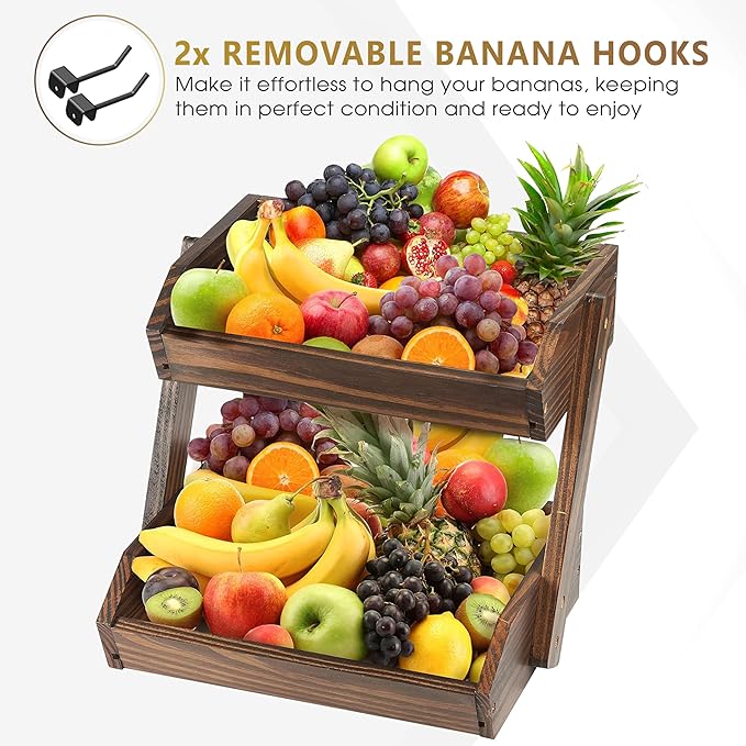 Large Capacity 2-Tier Wooden Fruit Basket, Durable Acacia Wood, 10.5" Tall, Spacious for Produce, Vegetables, Bread Storage and Home Kitchen Countertop