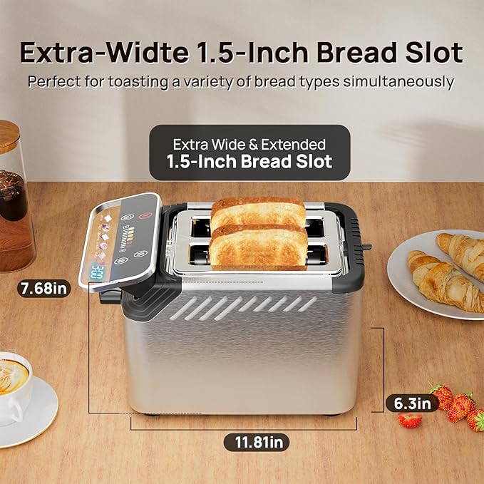 WHALL Toaster 2 Slice, Touch Screen Toasters with Projection Display, 1.5" Wide Slot, 5 Bread Types & 11 Shade Settings, Digital Timer, Warming Rack, Crumb Tray, Reheat/Defrost, Silver