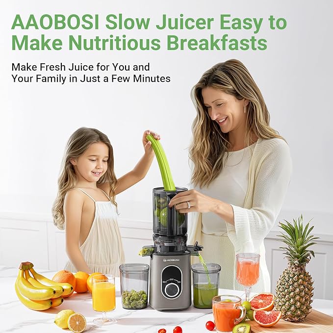 AAOBOSI Cold Press Juicer, 4.35" Large Feed Chute Masticating Juicer Machines (Upgrade) High Juice Yield Slow Juice Extractor fit Fruits &Vegetables, Easy to Clean, New Designed for Home and Travel
