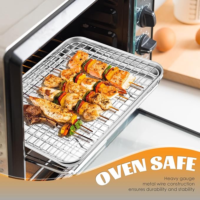 Small Baking Cooling Rack Set of 2, E-far Stainless Steel Toaster Oven Rack for Cooking Roasting Grilling Broiling Meat Bacon, 9.7” x 7.3” Metal Bakeable Wire Racks for Cookie Cake - Dishwasher Safe