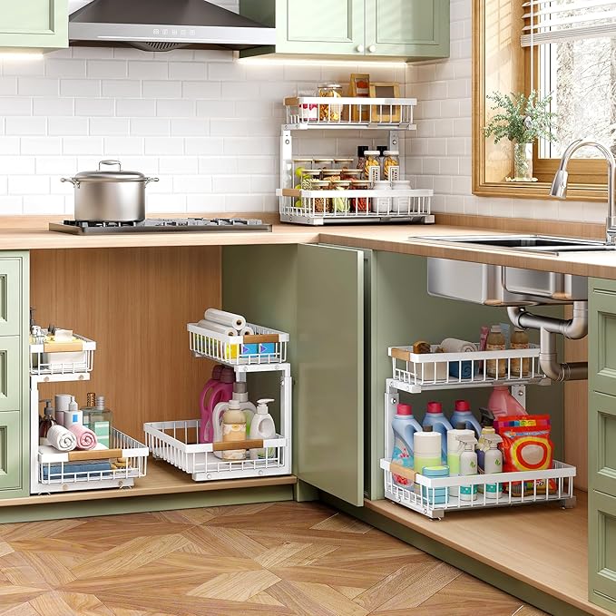 Under Sink Organizer, 2 Packs 2 Tier Under Sink Organizers and Storage, Slide out Pull out Cabinet Organizer Shelf, Metal Sliding Drawer for Kitchen Bathroom Pantry Closet Rack(White)