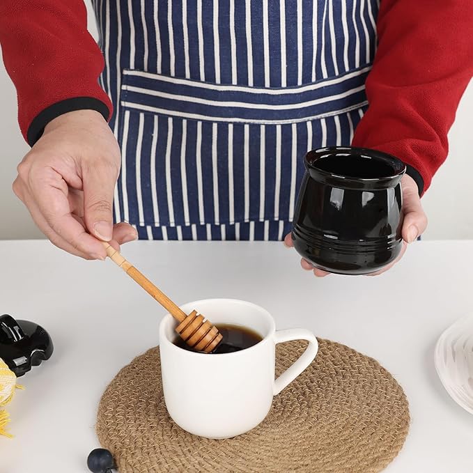 HAOTOP Ceramic Honey pot with Lid and Honey Dipper,Porcelain Honey Jar Easy to Clean and Dishwasher Safe,12oz (Black)