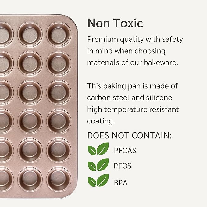 Non Toxic Nonstick 24 Cup Mini Muffin Pan | PFOA BPA free Nontoxic Mini Cupcake Tin | Best Non Stick Muffin Pans | Carbon Steel Small Muffin tins | Cupcakes Bakeware Mold