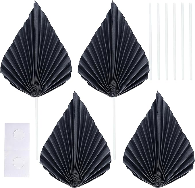 Gyufise 6Pcs Paper Palm Fan Cake Toppers Palm Spear Leaves Fan Cupcake Toppers Cake Insert Decorations Craft DIY Cake Bakeware Decoration for Birthday Party Wedding Party Decor Supplies Black