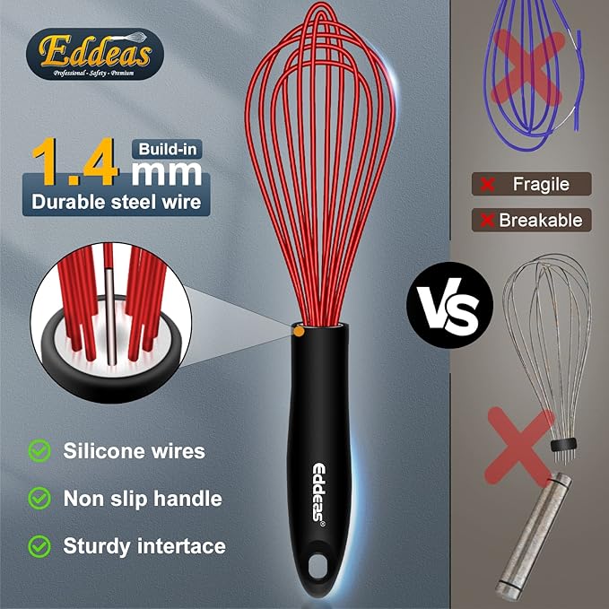 Silicone Whisk, Eddeas Stainless Steel & Silicone Non-Stick Coated Whisks set of 3-Heat Resistant (450°F) Kitchen Whisks Perfect for Blending, Whisking, Beating & Stirring, Red