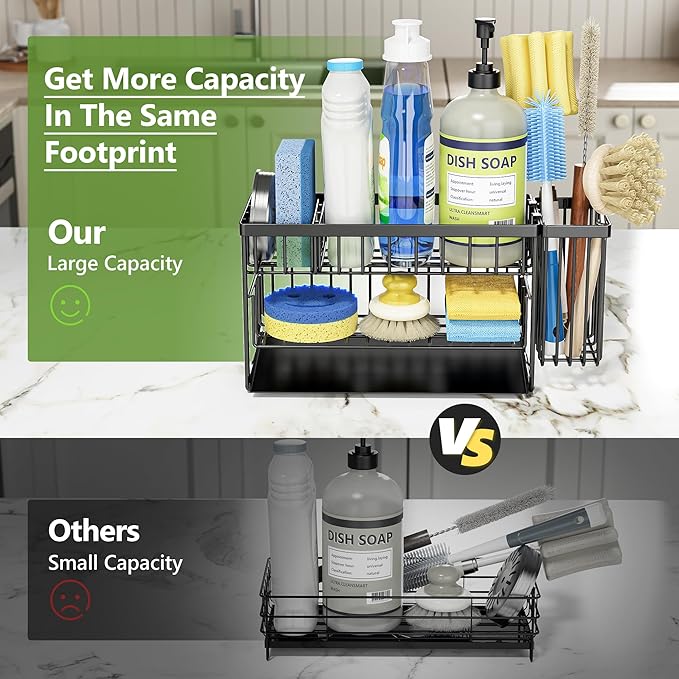 Cisily 2-Tier Kitchen Sink Caddy Organzier Rack with Flexible Dish Brush Holder, Sponge Holder for Kitchen Sink Countertop Organization Storage,Home Decor Accessories Essentials Stainless Steel