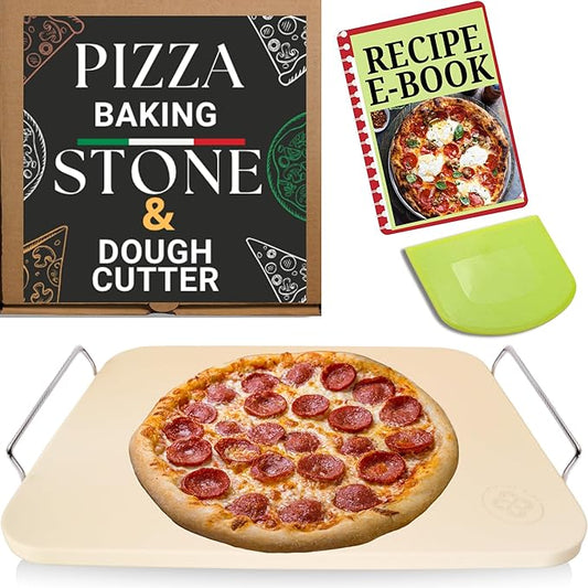 Pizza Stone for Oven and Grill - Rectangle Pizza Stones with Handles and Dough Cutter - 15 inch x 12 inch Grilling Stones - Baking Stone for Bread - Large Oven Stone