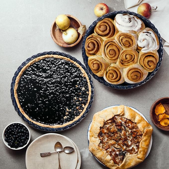 Peohud 2 Pack Ceramic Pie Pans, 10 Inch Deep Fluted Pie Plate, 54 Ounce Round Baking Dish for Quiche, Apple Pecan Pie, Pot Pie, Blue