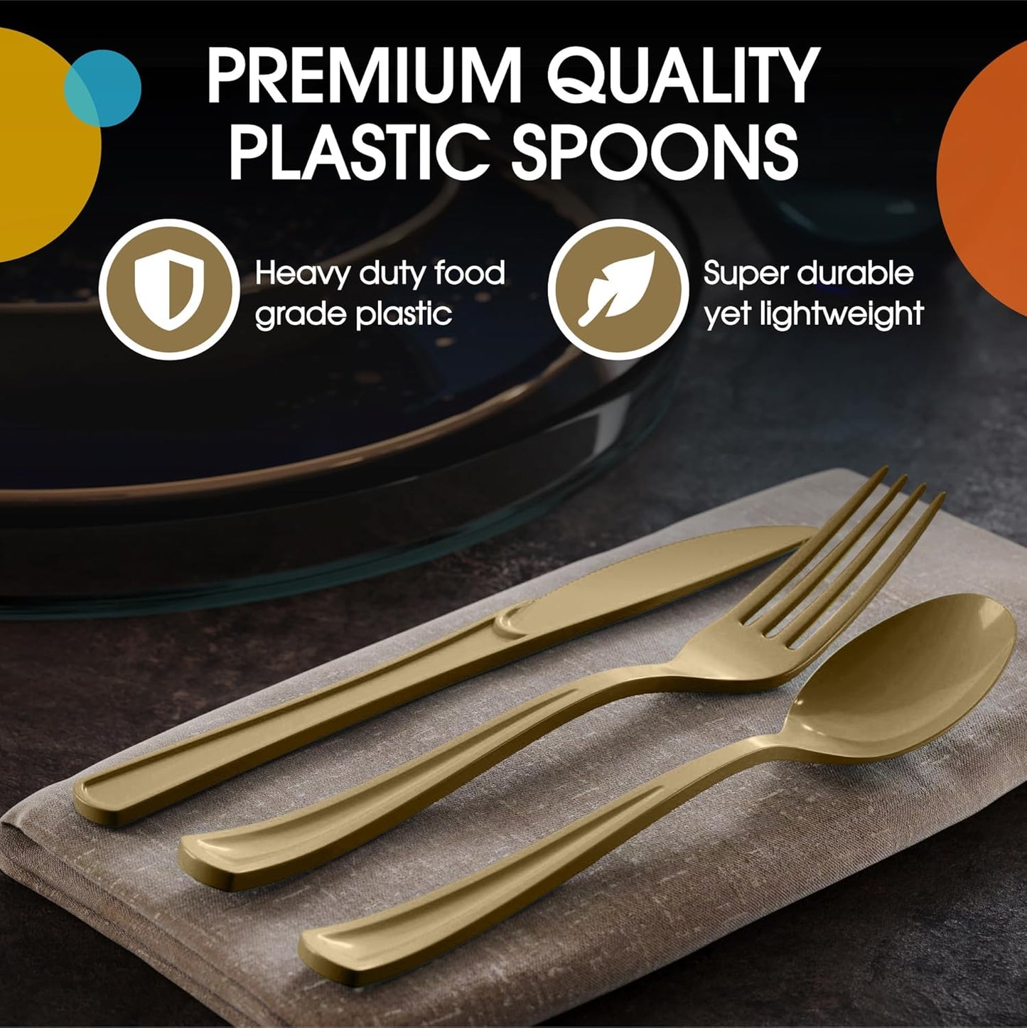 Gold Plastic Spoons 200 Pcs Gold Spoons Disposable Utensils Heavy Duty Plastic Cutlery Set Disposable Cutlery Sets Flatware Sets Silverware Set Party Supplies & Party Tableware Party Solids