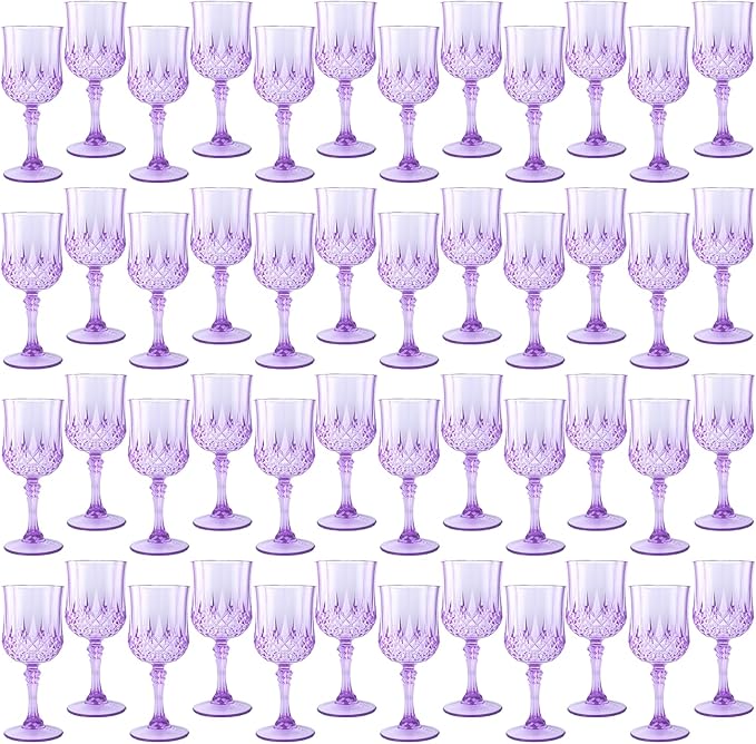 Plastic Wine Glasses，Plastic Goblets Vintage Style Cordial Drinking Glasses for Wedding Reception, Grand Event Party Supplies (48, Purple)