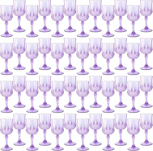 Plastic Wine Glasses，Plastic Goblets Vintage Style Cordial Drinking Glasses for Wedding Reception, Grand Event Party Supplies (48, Purple)