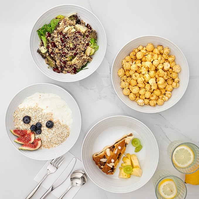 Y YHY 26 Ounces Porcelain Pasta Salad Bowls, White Soup Bowl Set, Wide and Shallow, Set of 6, Spiral Pattern, Christmas Thanksgiving