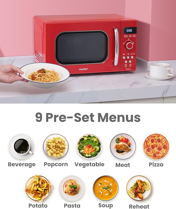 COMFEE' Retro Small Microwave Oven With Compact Size, 9 Preset Menus, Position-Memory Turntable, Mute Function, Countertop, Perfect For Small Spaces, 0.7 Cu Ft/700W, Red, AM720C2RA-R